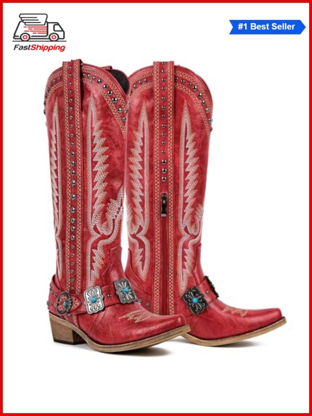 ✨ Knee High Western Cowgirl Boots with Embroidery Belt Buckle Chains